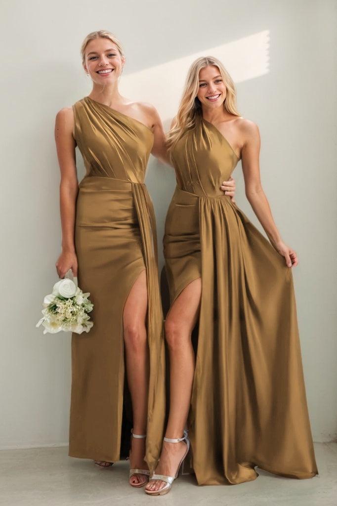 One Shoulder Satin Sheath Bridesmaid Dress with Split CB0808 - Tawny - COCOMELODY